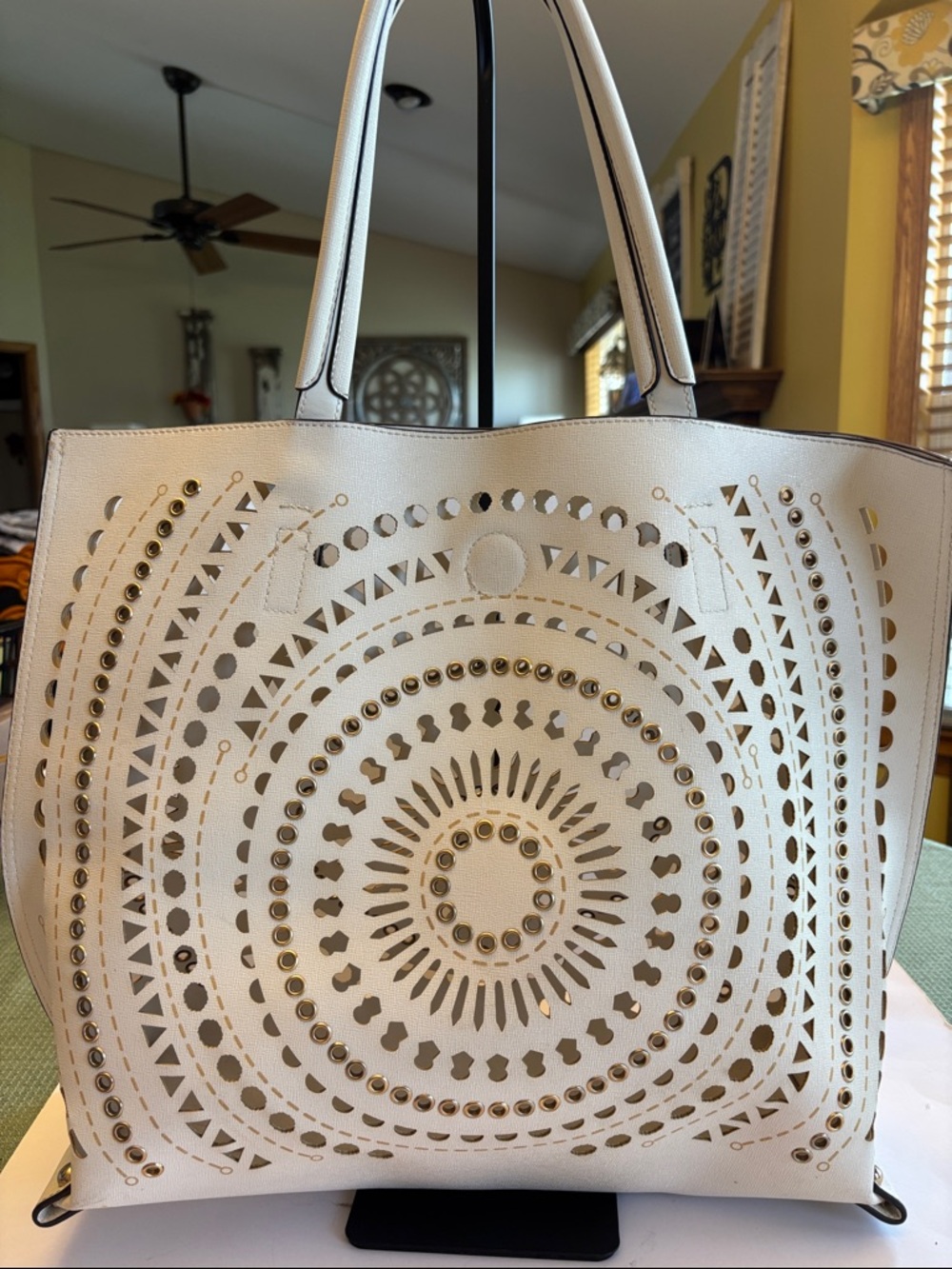 Women's White Laser-Cut Tote Bag with Gold Stud Accents